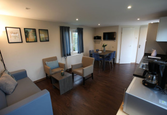 Modern living area in Group Yard Chalets at De Scherpenhof, Netherlands, featuring sofa, chairs, and kitchen.