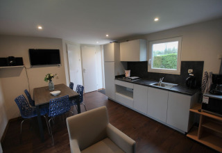 Modern kitchen and dining area in a lodge at Group Yard Chalets, De Scherpenhof, Netherlands, featuring sleek decor.