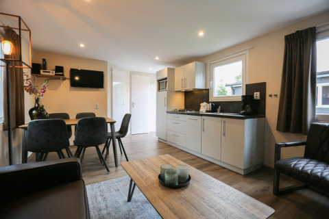 Modern living room and kitchen at Group Yard Chalets in De Scherpenhof, Netherlands, with dining area.