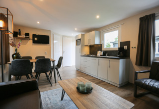 Moderne opholdsstue og køkken i Group Yard Chalets på De Scherpenhof, Holland, med spisestue og sofa.