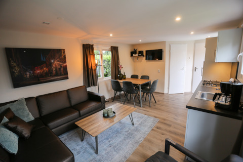 Moderne stue og køkken i Group Yard Chalets på De Scherpenhof, Holland, med spise- og sofaområde.