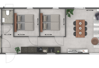 Planimetria di un lodge con tre camere da letto, cucina, bagno, zona pranzo e soggiorno.
