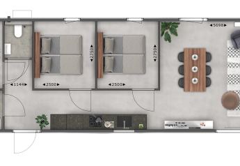 Plan d'une lodge avec trois chambres, cuisine, salle de bain, salle à manger et salon spacieux.