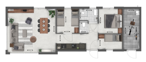 Plantegning af lodge-lejlighed med stue, spiseområde, to soveværelser, badeværelser og fitnessrum.