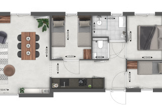 Plano de planta de alojamiento con sala, comedor, dos dormitorios, baños y una sala de gimnasio.