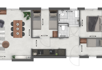 Floor plan of a lodge featuring living room, dining area, two bedrooms, bathrooms, and a gym room.