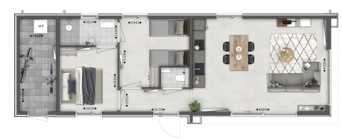 Plan de la Parklodge 4 à Hofparken Wiltershaar, Pays-Bas, montrant deux chambres, séjour, cuisine et terrasse.