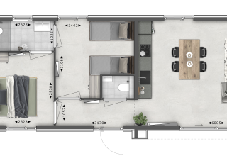 Plan de la Parklodge 4 à Hofparken Wiltershaar, Pays-Bas, montrant deux chambres, séjour, cuisine et terrasse.