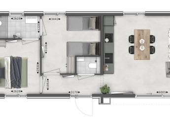 Plan de la Parklodge 4 à Hofparken Wiltershaar, Pays-Bas, montrant deux chambres, séjour, cuisine et terrasse.