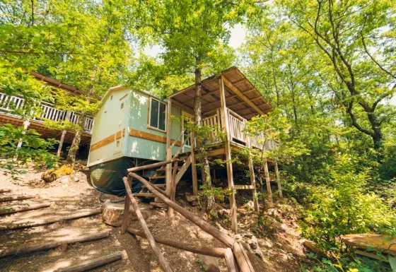 Le Cottage Classic, lodge sur pilotis avec terrasse en bois, niché en pleine forêt verdoyante.