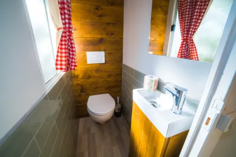 Salle de bains rustique à Cottage Spotty avec murs en bois, rideaux à carreaux rouges, WC et lavabo.