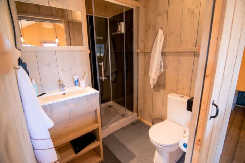 Badkamer met houten afwerking, douche en toilet in De Lodge bij Glamping de Bosweide, Nederland.