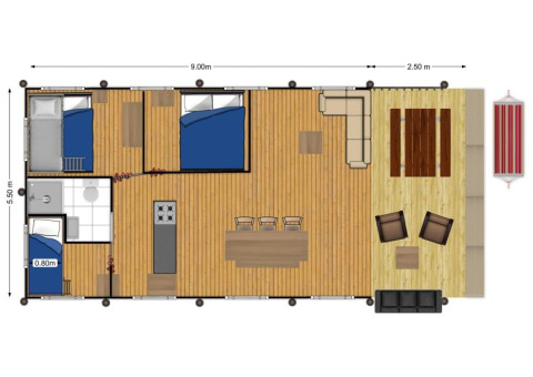 Plattegrond van een lodge bij Glamping de Bosweide in Nederland met slaapkamers, salon en terras.