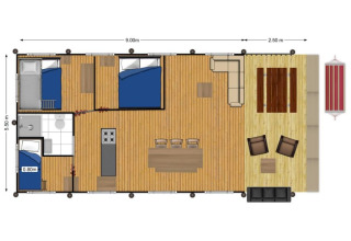 Plattegrond van een lodge bij Glamping de Bosweide in Nederland met slaapkamers, salon en terras.