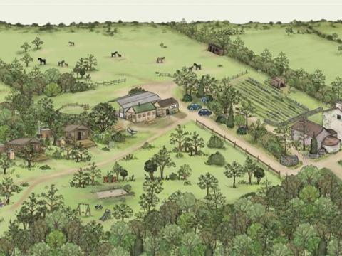Illustration of BoerenBed Ferme de Vanadal holiday park in Occitanie, France, with fields, animals, and cabins.