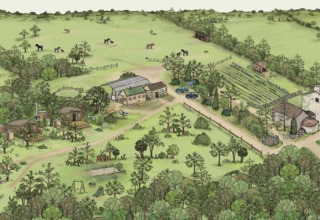 Ilustración de BoerenBed Ferme de Vanadal, un parque vacacional en Occitania, Francia, con campos, caballos y casas.
