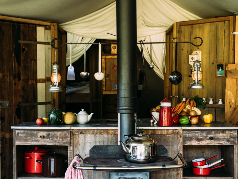Cocina rústica de glamping con mostradores de madera, verduras frescas, lámparas y utensilios en un parque.