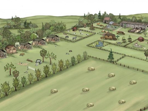 Ilustración de BoerenBed Ferme la Contrée des Minis, parque vacacional con campos, animales y cabañas en Francia.
