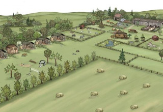 Illustrazione di BoerenBed Ferme la Contrée des Minis, parco vacanze con campi, animali e cabine in Francia.