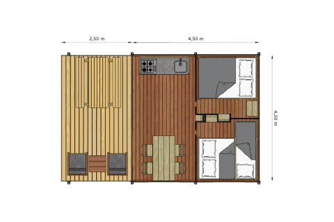 Plattegrond van Glamp tent Basic in Weekend Glamping Resort Italië met slaapkamers, keuken en zithoek.