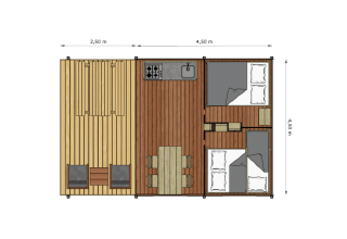 Plattegrond van Glamp tent Basic in Weekend Glamping Resort Italië met slaapkamers, keuken en zithoek.
