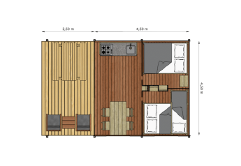 Floor plan of Glamp tent Basic at Weekend Glamping Resort Italy, showing bedrooms, kitchen and lounge area.