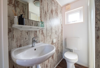 Aseo moderno con lavabo y WC en Forest Lodge, camping Veluwe De Pampel, Países Bajos, decoración rústica.