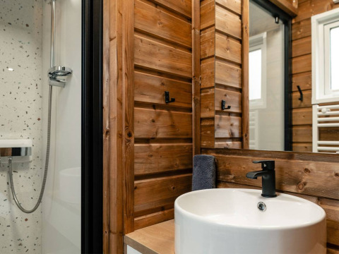 Modern bathroom at La Clairiere lodge featuring round sink, wooden walls, mirror, and glass shower.