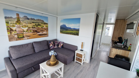 Living room of a houseboat at Marina Parcs Amsterdam with grey sofa, kitchen area and wall art.