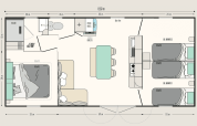 Planimetria di Timber Lodge a Eurocamping Vessem BV con camere da letto, cucina, bagno e soggiorno.