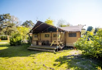 Luxury safari tent with a wooden deck, outdoor seating and picnic table, surrounded by greenery.