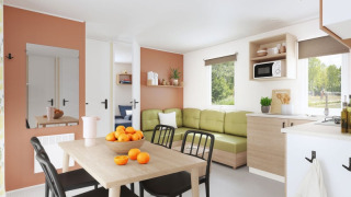 Soggiorno moderno di Cordelia Lodges con divano verde, tavolo da pranzo, cucina e vista sulla natura.