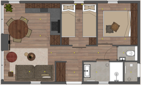 Plan de l'Arlberg Cabin au Austriaparks Camping Arlberg en Autriche, montrant un intérieur moderne.