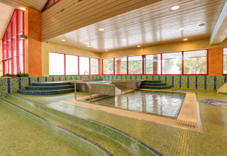 Indendørs spabad med moderne kakler, store vinduer og afslappende atmosfære på et lodge.