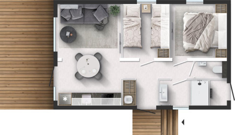 Plattegrond van Stanzertal Cabin bij Austriaparks Camping Arlberg in Oostenrijk met moderne inrichting.