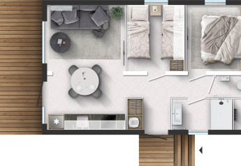 Plano de la cabaña Stanzertal en Austriaparks Camping Arlberg, Austria, con mobiliario moderno.