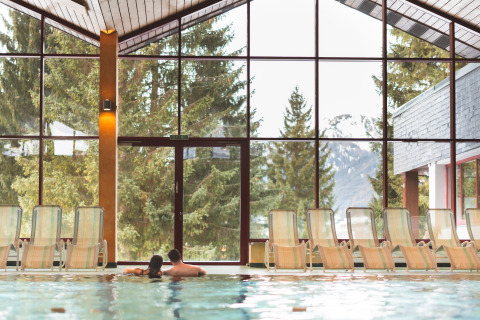 Indendørs swimmingpool på en bjerglodge med store vinduer, udsigt til fyrretræer og sneklædte bjerge