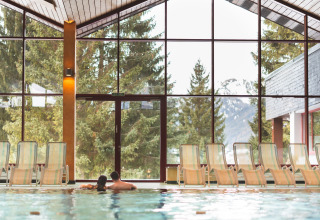 Indendørs swimmingpool på en bjerglodge med store vinduer, udsigt til fyrretræer og sneklædte bjerge