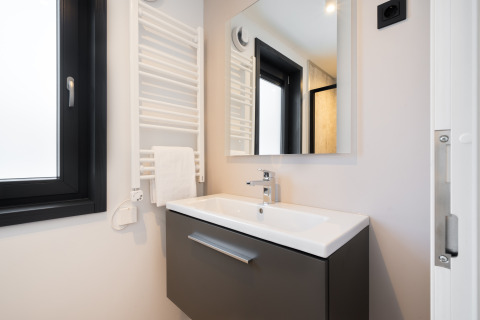 Moderne lodge badkamer met wastafel, spiegel, handdoekradiator en raam met zwart frame.