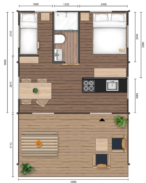Plan au sol de la tente safari 'De Bos Tent' à Gooise Heide, Pays-Bas, avec aménagement et dimensions.
