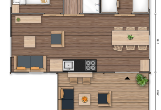 Planimetria di una tenda safari con due camere da letto, bagno, cucina, soggiorno e terrazza esterna.