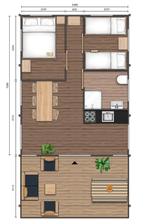 Planimetria tenda safari con due camere da letto, cucina, bagno, sala da pranzo e terrazza esterna.