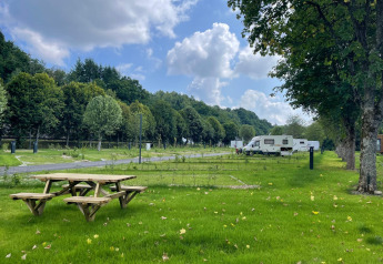 Grüner Campingplatz mit Picknicktisch, Wohnmobilen und Bäumen unter blauem Himmel bei Safari Tent.