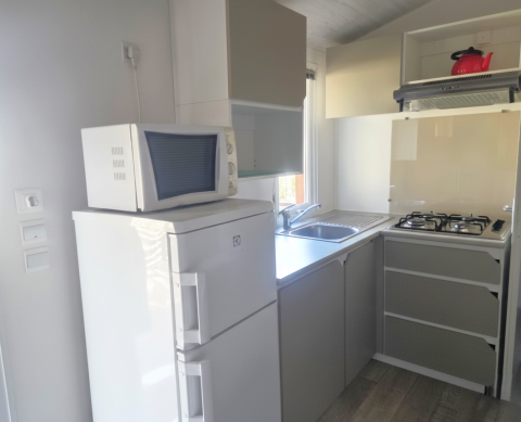 Cocina compacta en la Mobile home 'Royal' en Centro Vacanze San Marino con nevera, microondas y cocina a gas.