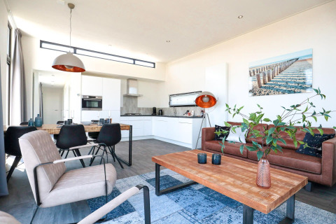 Moderne woonkamer en keuken in een tiny house bij EuroParcs Bad Meersee met leren bank.