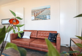 Living area in tiny house Cube Exclusive Plus at EuroParcs Bad Meersee with brown sofa and wall art.