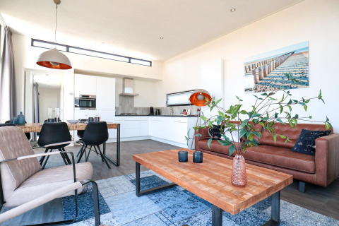 Moderne woon- en keukenruimte in een Cube Exclusive Plus tiny house bij EuroParcs Bad Meersee, Nederland.