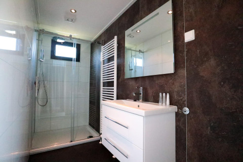 Moderne badkamer met grote douche, witte wastafel en spiegel in een tiny house bij EuroParcs Bad Meersee.