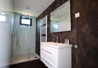 Modern bathroom with spacious shower, white vanity, and mirror in a tiny house at EuroParcs Bad Meersee.