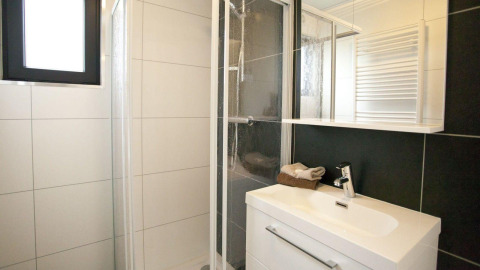 Moderne badkamer met douche, witte wastafel en spiegel in Cube La Mer 4 op EuroParcs Bad Meersee.